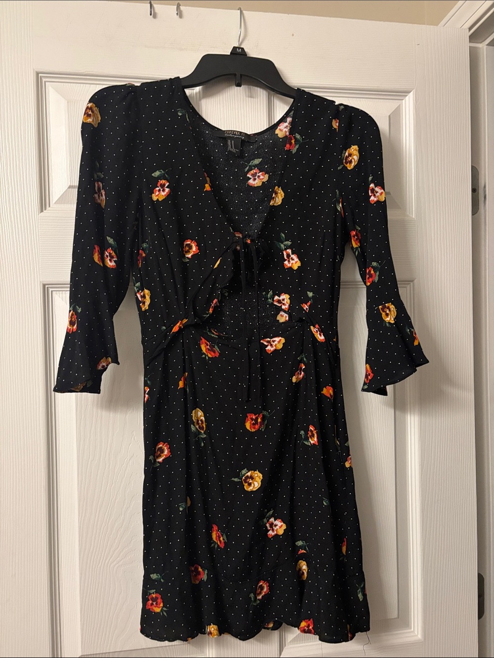 Forever 21 Black Floral Polka Dot Tie-Front Mini Dress